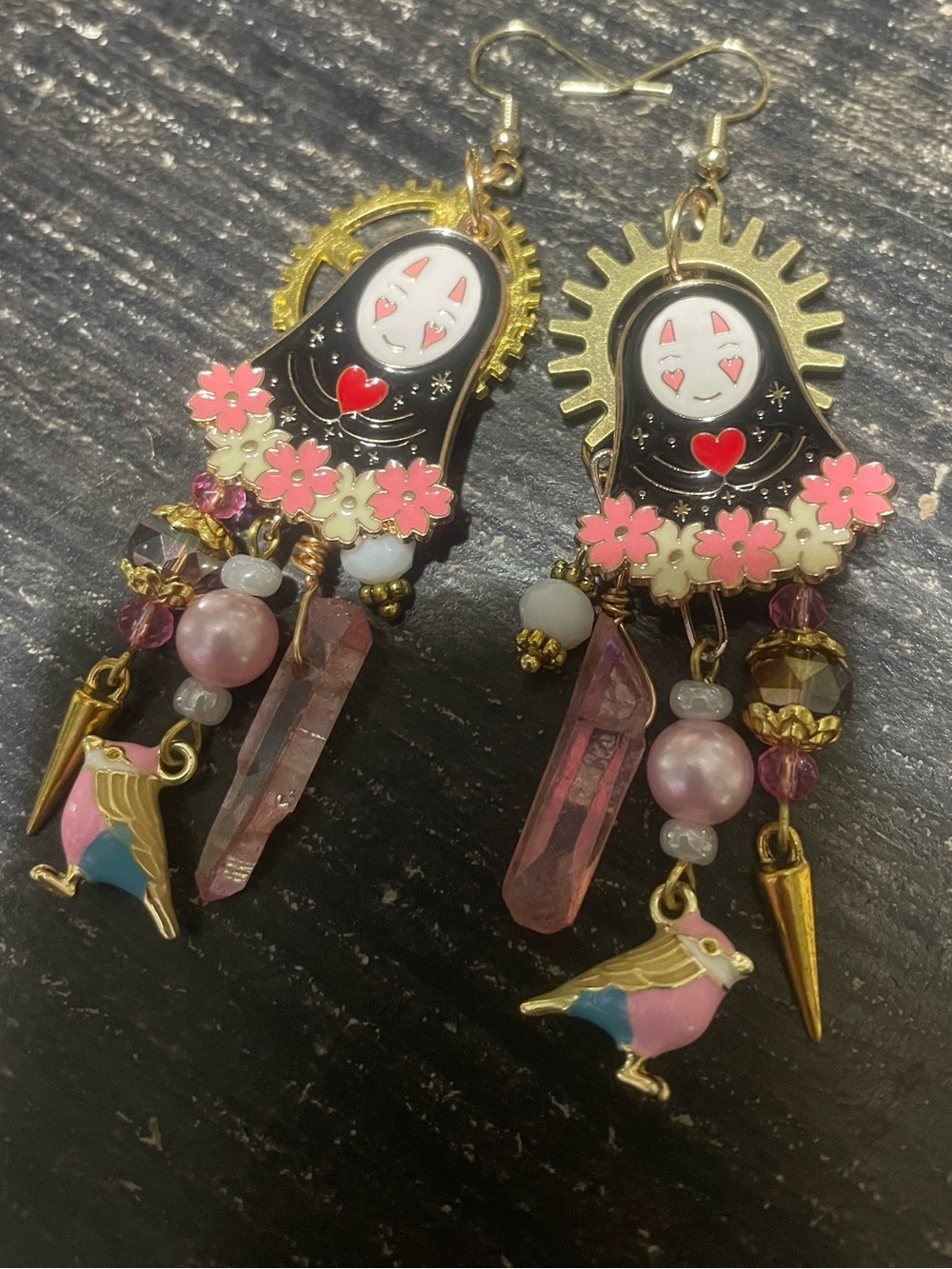 Pink Floral No-Face Inspired Dangle Earrings with Crystal & Bird Charms